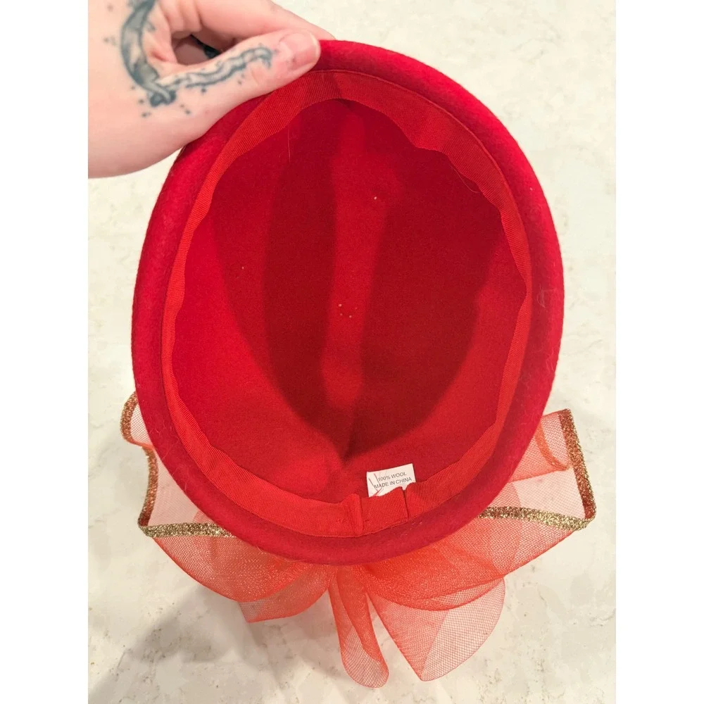 Vintage Red Wool Pillbox Hat Gold‎ Studs Oversized Mesh Bow Holiday Fascinator